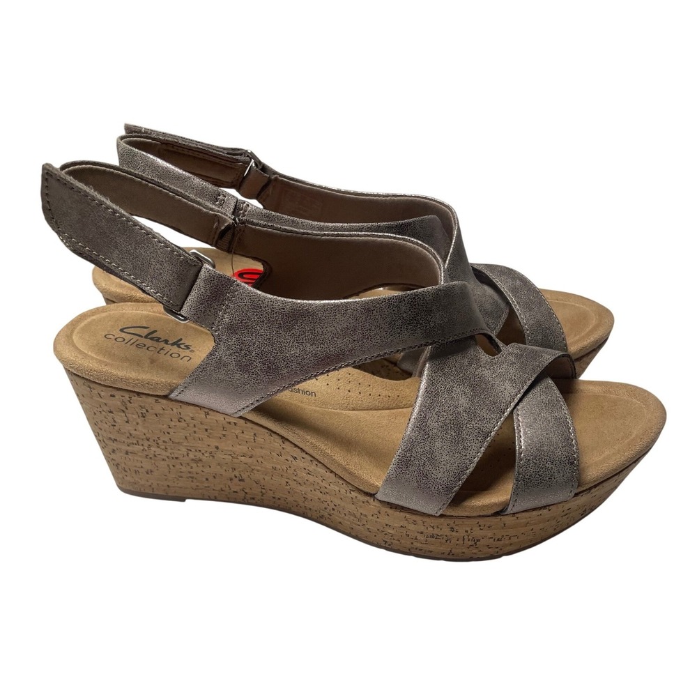 Clark's Collection Rose Style Taupe Metallic Wedge Sandals Women's 10